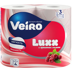 Бумага туалетная "VEIRO LUXORIA" 3-х слойная белая. декор красный, малина 4 шт.(10)