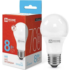 Лампа светодиодная "IN HOME" LED-А60-VC 8 Вт Е27 6500К (дневной синий свет) 1 шт.(10)
