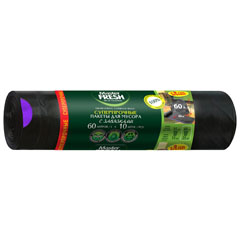 Мешки для мусора "MASTER FRESH" рулон многослойные с усиленными завязками 30 мкм. черные/серебро 60 л 10 шт.(20)