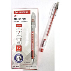 Ручка гелевая "BRAUBERG JET" прозрачный корпус узел 0,5 мм линия 0,35 мм красная 1 шт.(12)